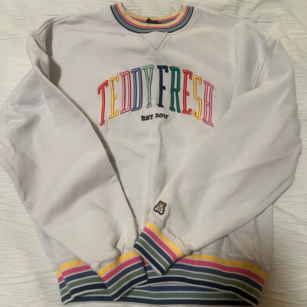Teddy Fresh Cream Sweatshirt with Rainbow Stripes - Like New